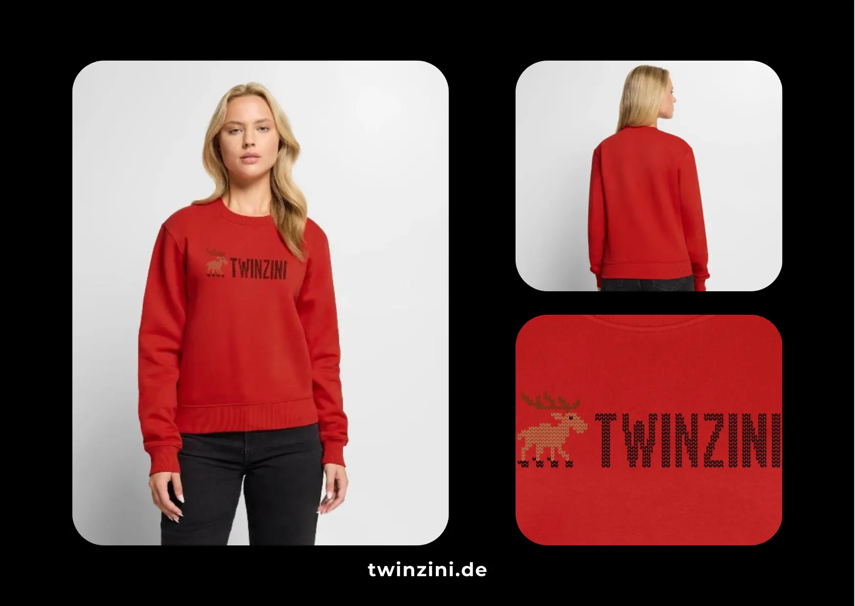 TWINZINI Christmas Reindeer: Roter Pullover für Weihnachten für Damen