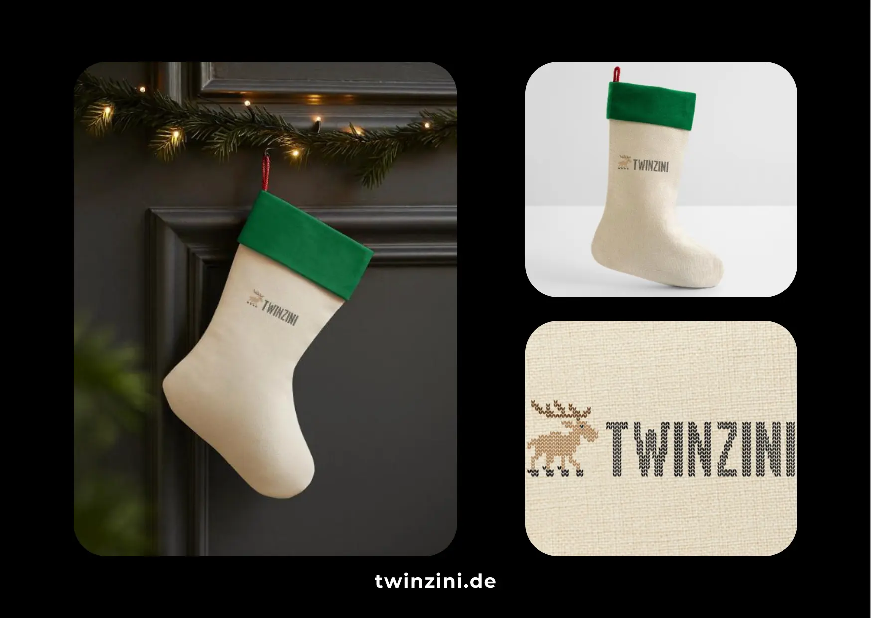TWINZINI Christmas Reindeer: Leinen-Weihnachtsstrumpf mit Rentier-Motiv