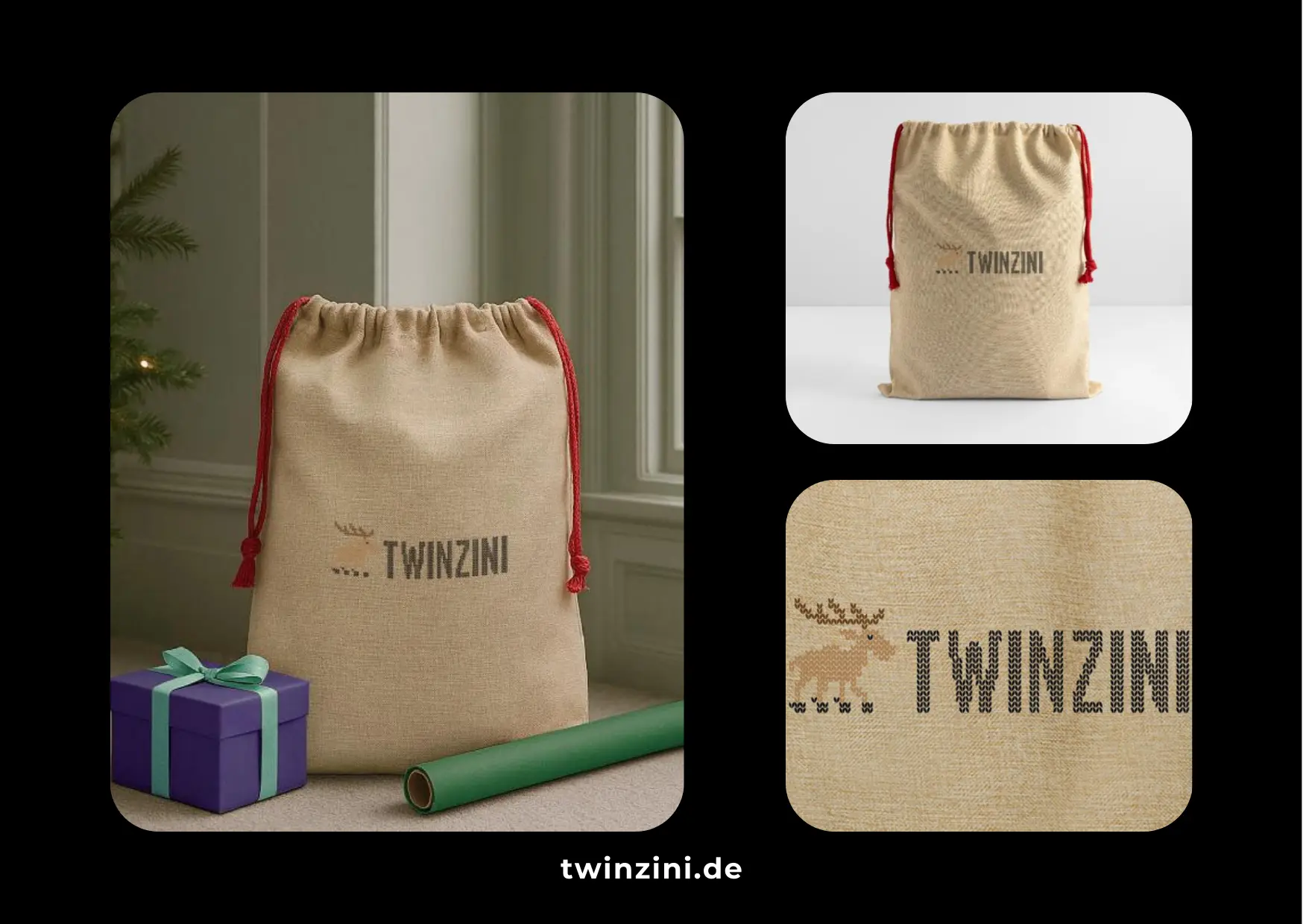 TWINZINI Christmas Reindeer: Jute-Weihnachtssack mit Rentier-Motiv