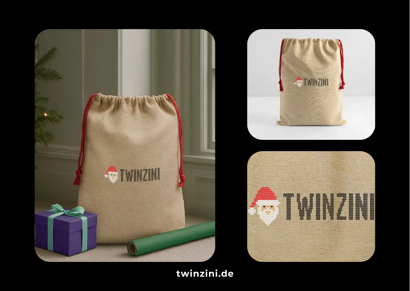 TWINZINI Christmas Santa Claus: Jute-Weihnachtssack mit Weihnachtsmann-Motiv