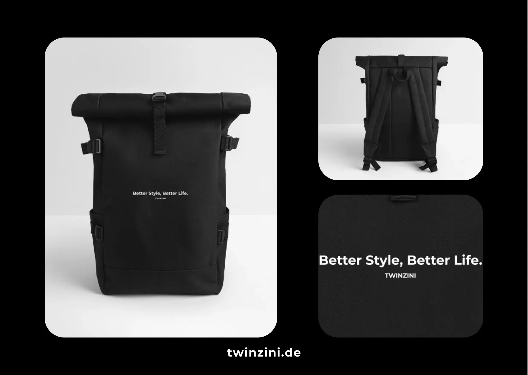 TWINZINI Better Style, Better Life: Rolltop Rucksack in Schwarz