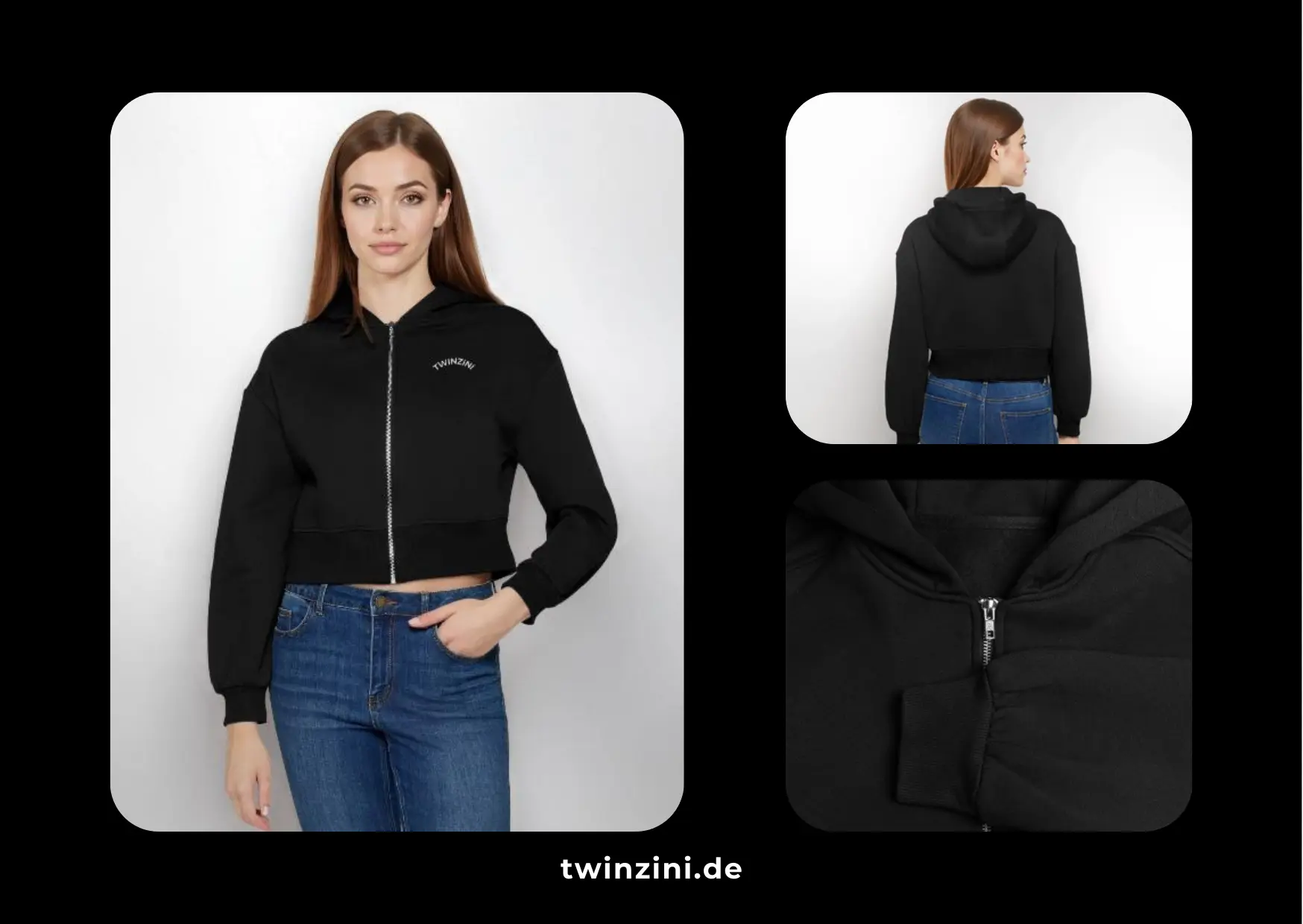 TWINZINI Wave: Oversized Cropped Kapuzenjacke in Schwarz für Frauen