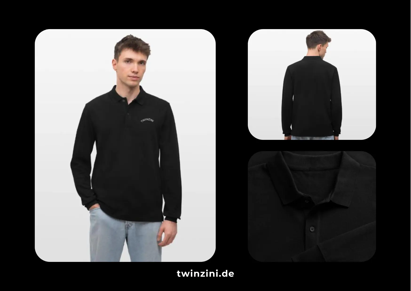 TWINZINI Wave: Langarm-Poloshirt in Schwarz