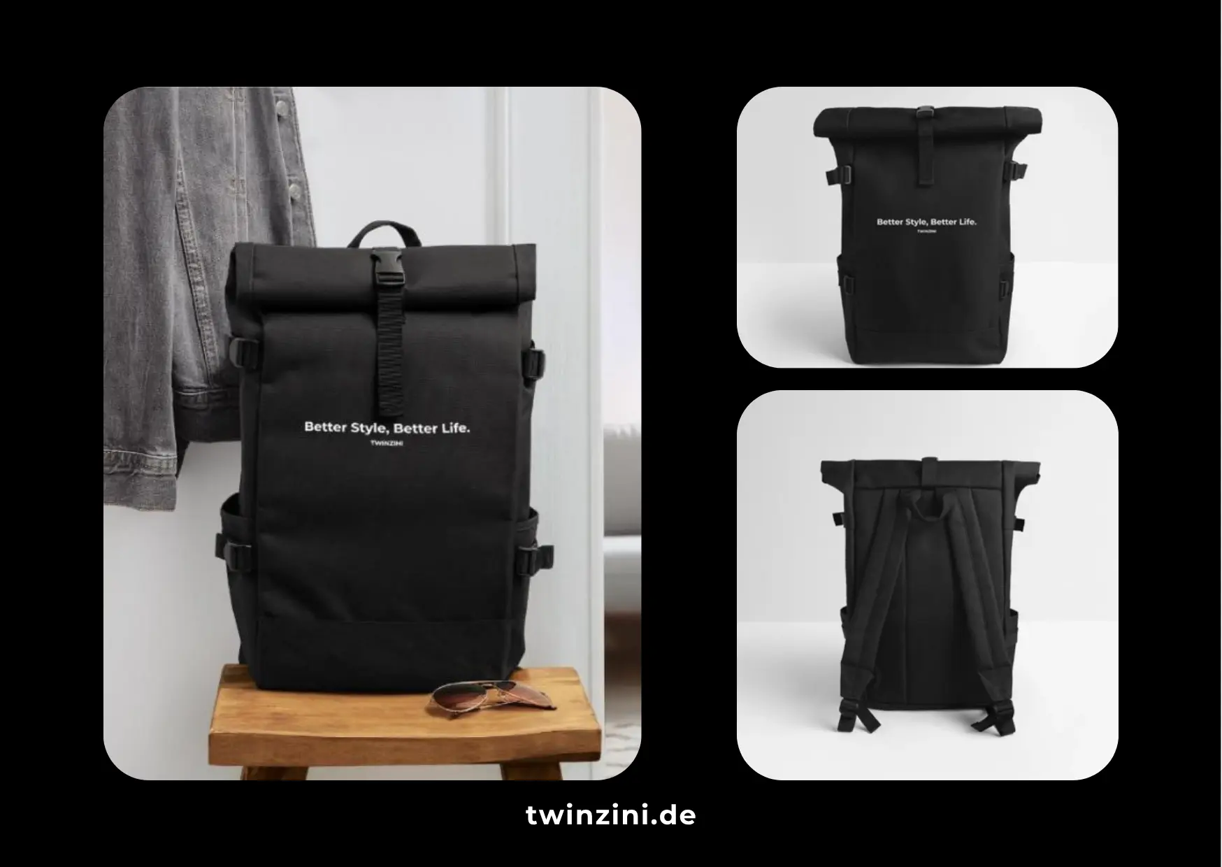 TWINZINI Better Style, Better Life: Rolltop Rucksack in Schwarz
